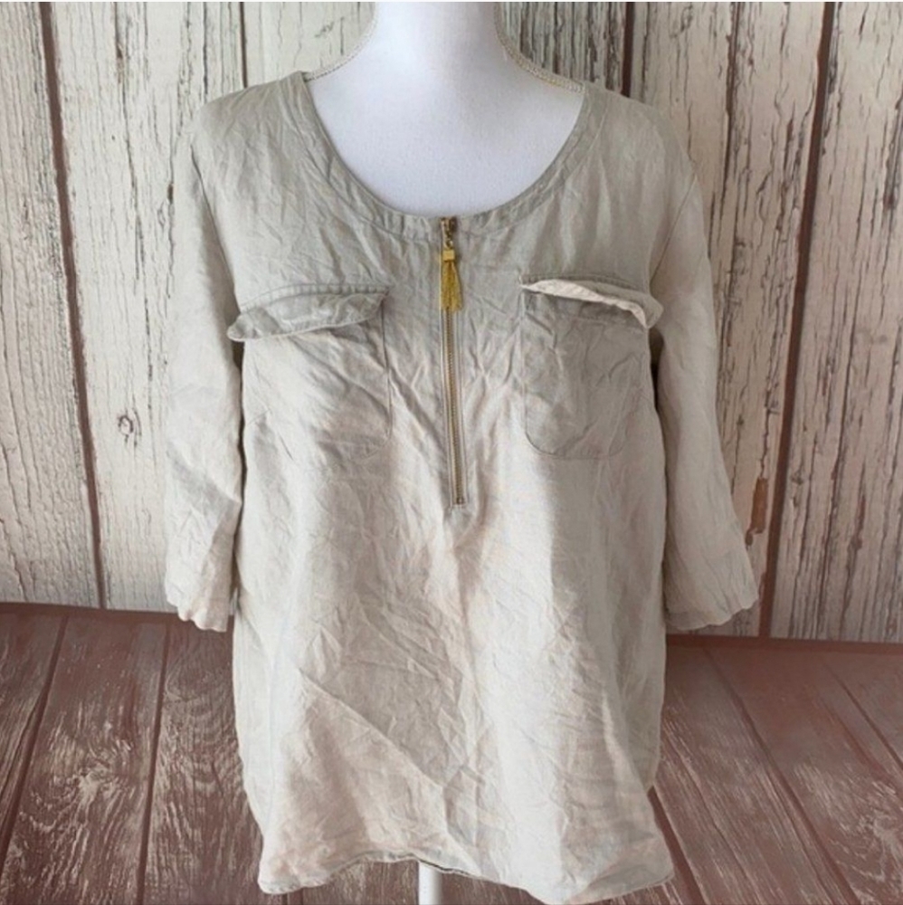 Size Large Women's 3/4 length sleeve linen blouse with gold detailing